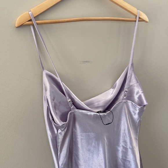 Lavender Sexy Cowl Neck Silky Slip Sleeveless Asymmetrical Side Slit Midi Dress - Picture 4 of 4